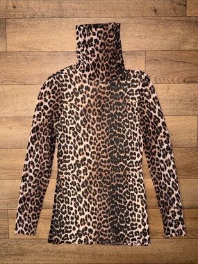 GANNI EU Size 34 / US 2 Tilden Mesh Long Sleeve Turtleneck Leopard Animal Print
